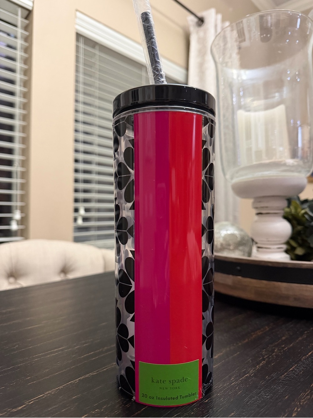 kate spade Hot Pink and Black Floral Insulated Tumbler with Straw NEW!